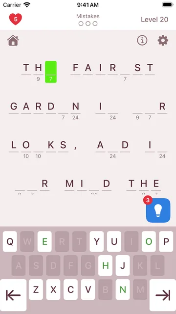 Cryptogram: a quote half decoded, with a green box on the chosen square and the keyboard below