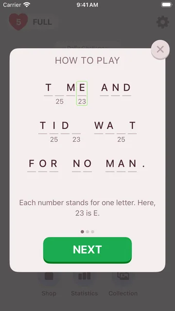 Cryptogram How to Play card: each number stands for one letter, and here 23 is E