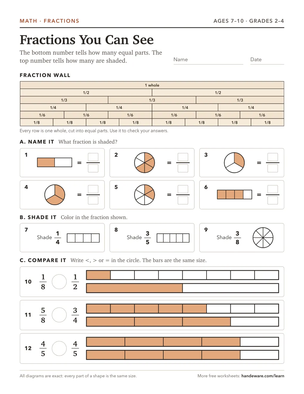 Preview of the printed worksheet: Fractions worksheet for 3rd grade