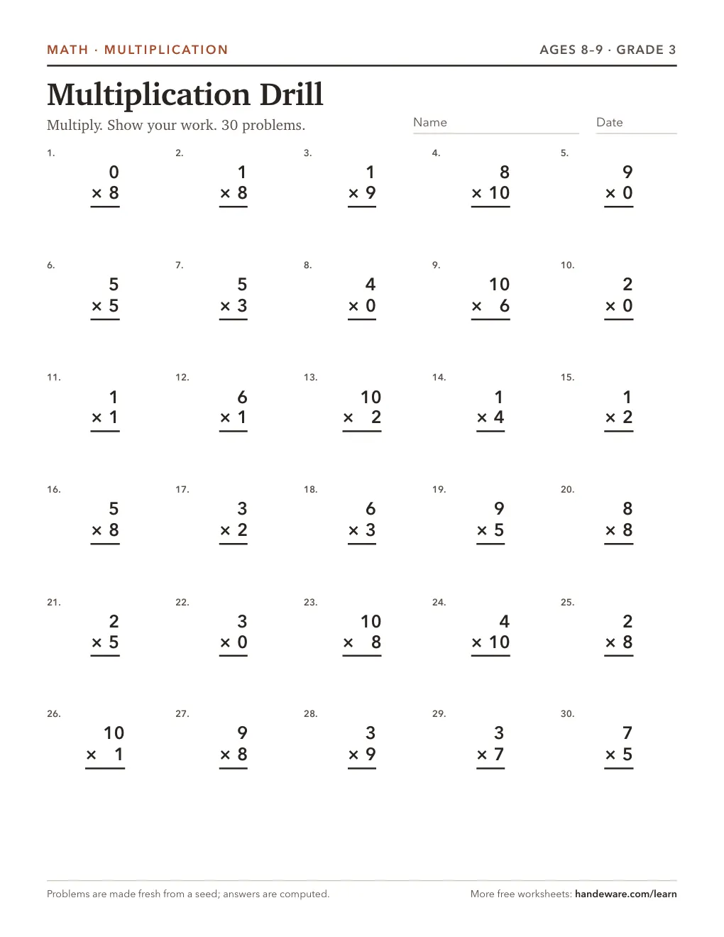 Preview of the printed worksheet: Multiplication drill worksheets