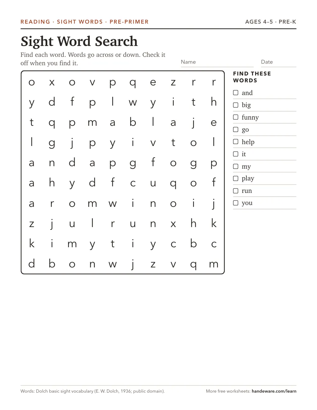 Preview of the printed worksheet: Sight words worksheets
