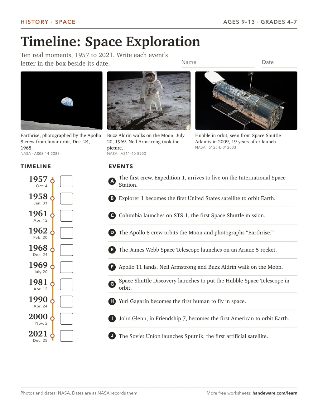 Preview of the printed worksheet: Space exploration timeline worksheet