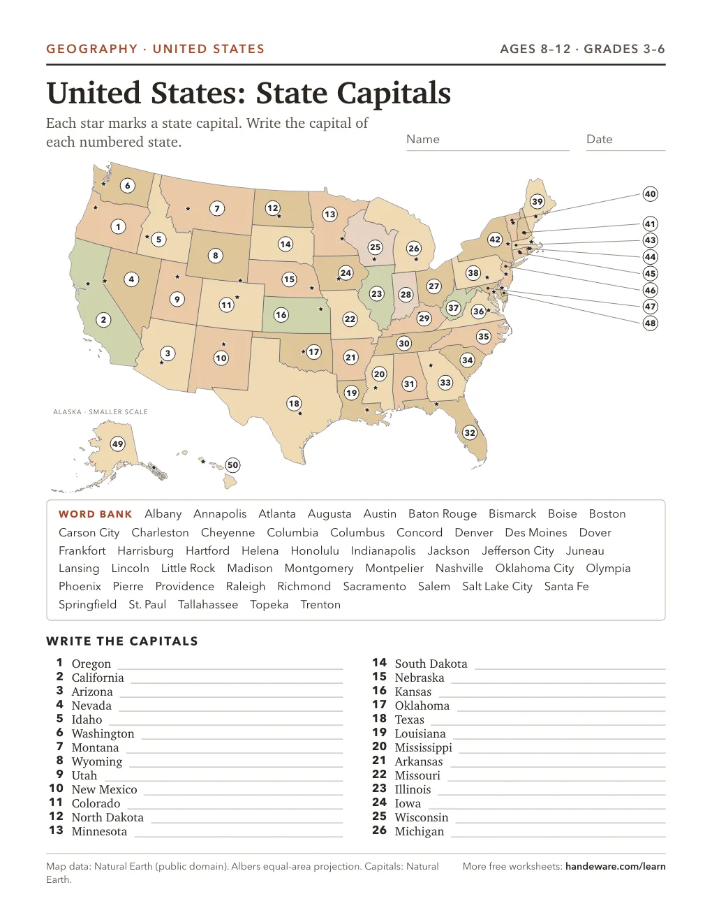Preview of the printed worksheet: US state capitals worksheet