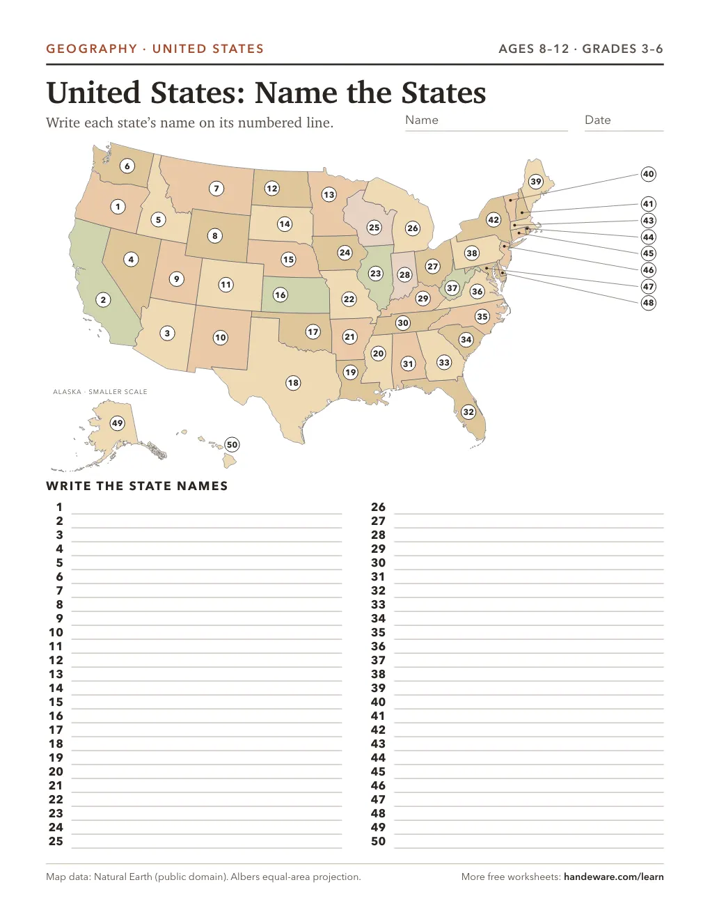 Preview of the printed worksheet: Free printable US states map worksheet