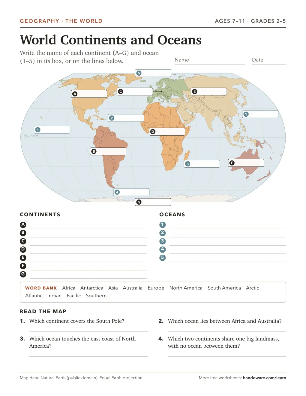 Preview of the printed worksheet: Continents and oceans worksheet