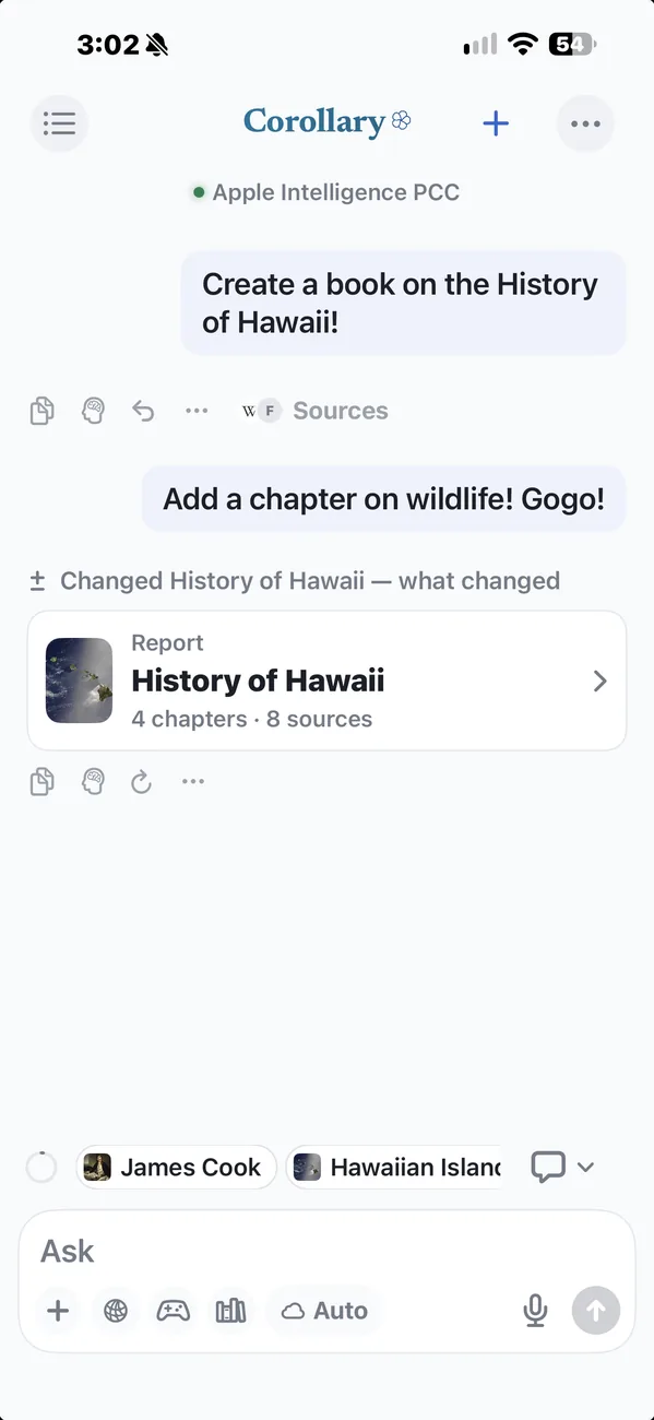 &ldquo;Create a book on the History of Hawaii!&rdquo;, then &ldquo;Add a chapter on wildlife! Gogo!&rdquo;: the new version, with a line above it to see what changed.