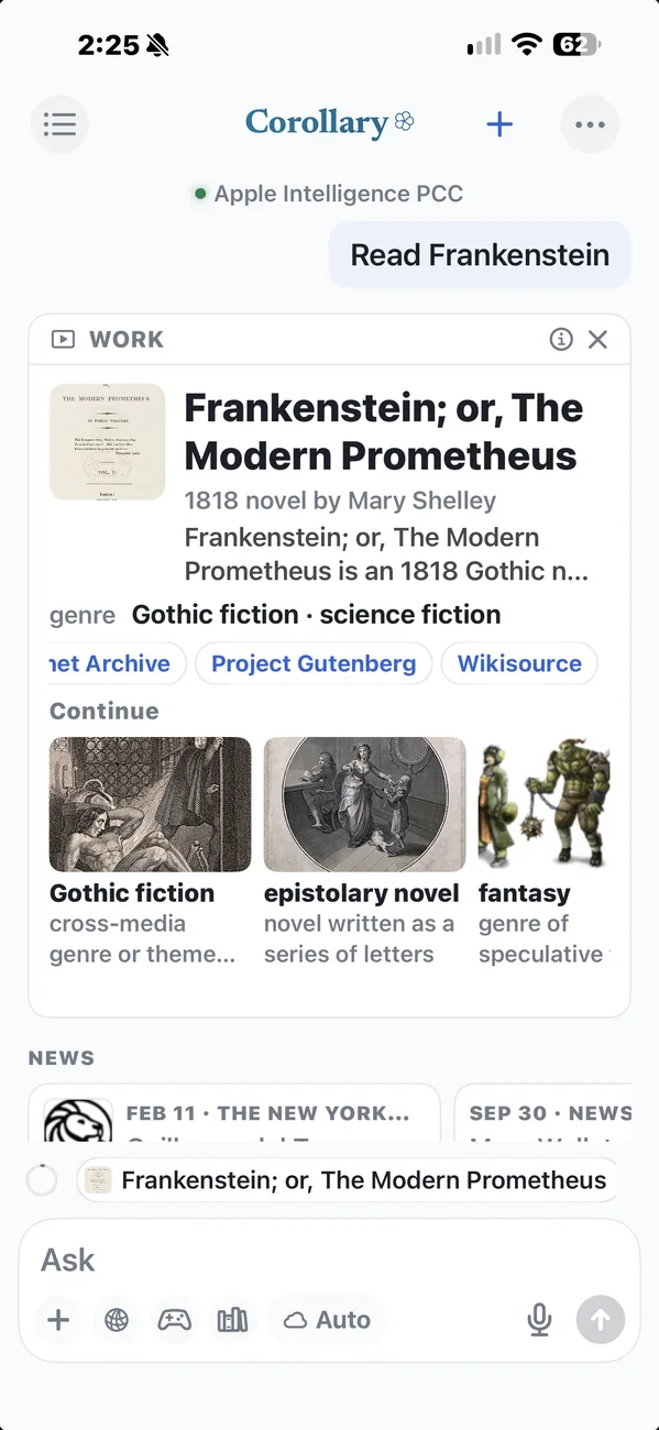 A card for Frankenstein, free to read, with doors to Gothic fiction and more.
