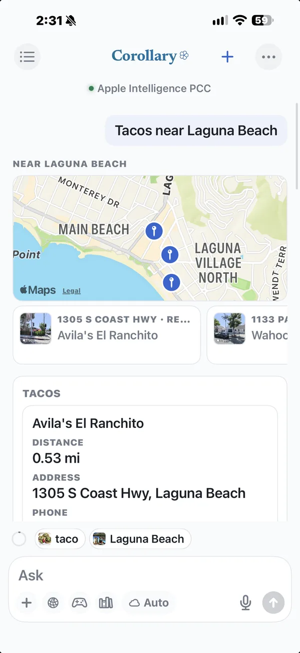 Taco places near Laguna Beach on Apple Maps, with how far each one is.