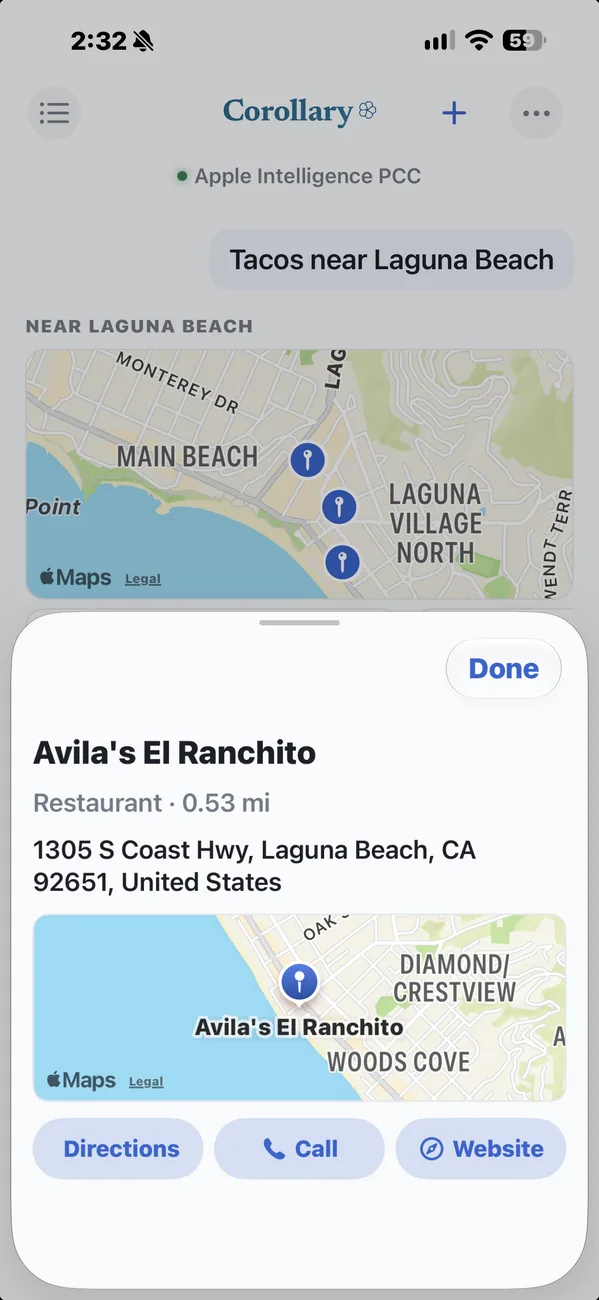One taco place opened: the address, a map, and buttons for directions, a call or the website.