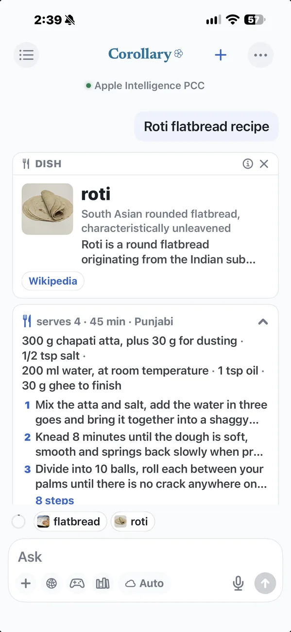 A card for roti with its recipe: serves 4, 45 minutes, eight steps.