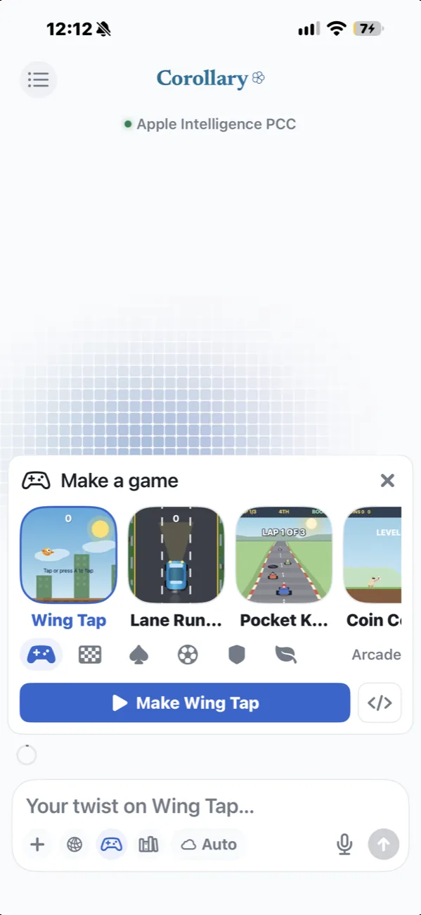 Make a game: starters like Wing Tap, Lane Runner, Pocket Kart and Coin Country, and a box for your twist.