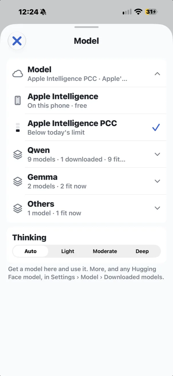 Corollary&rsquo;s Model sheet: Apple Intelligence on this phone, Apple&rsquo;s cloud AI, open models like Qwen and Gemma, and Thinking set to Auto, Light, Moderate or Deep.