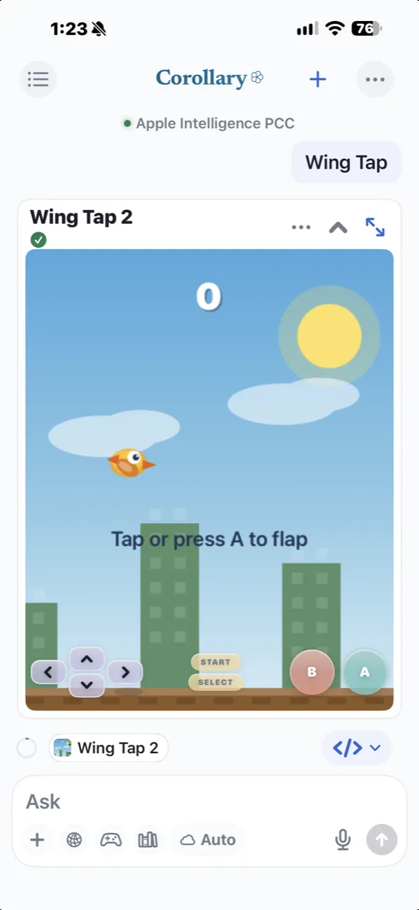 Version 1: someone types &ldquo;Wing Tap&rdquo; and a bird game appears in the chat, ready to play.