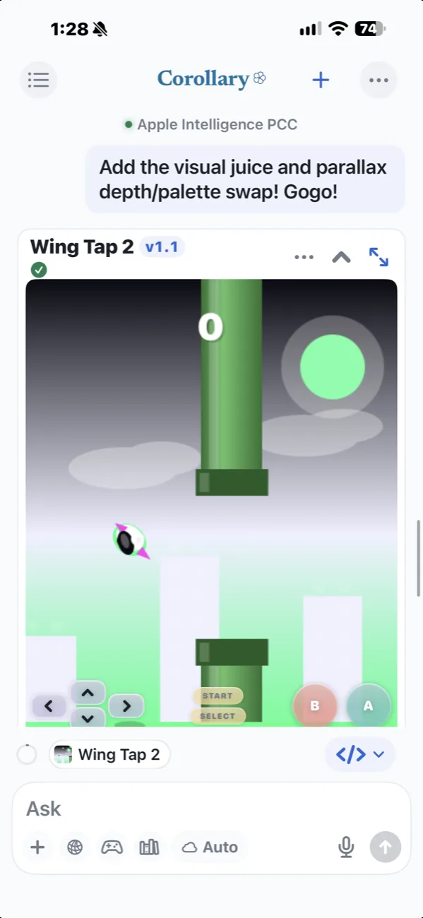 Corollary on iPhone: someone says &ldquo;Add the visual juice and parallax depth/palette swap! Gogo!&rdquo; and their bird game, Wing Tap 2, comes back as version 1.1 in a night-to-neon palette.