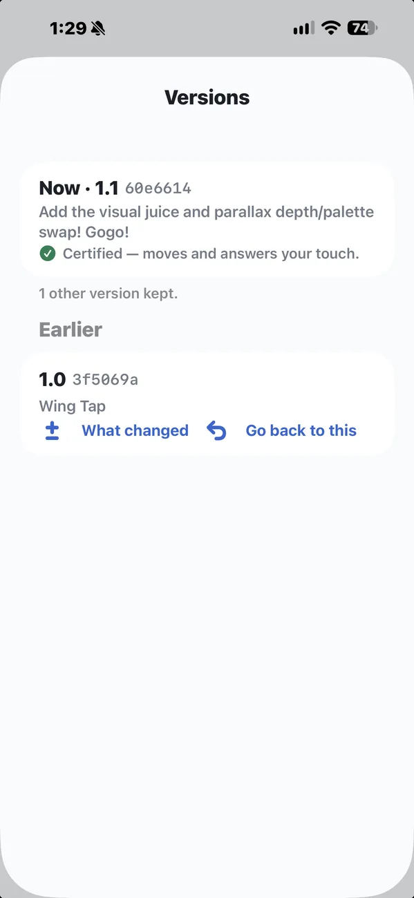 Versions of Wing Tap: now 1.1, certified to move and answer a touch, with 1.0 kept and a button to go back to it.