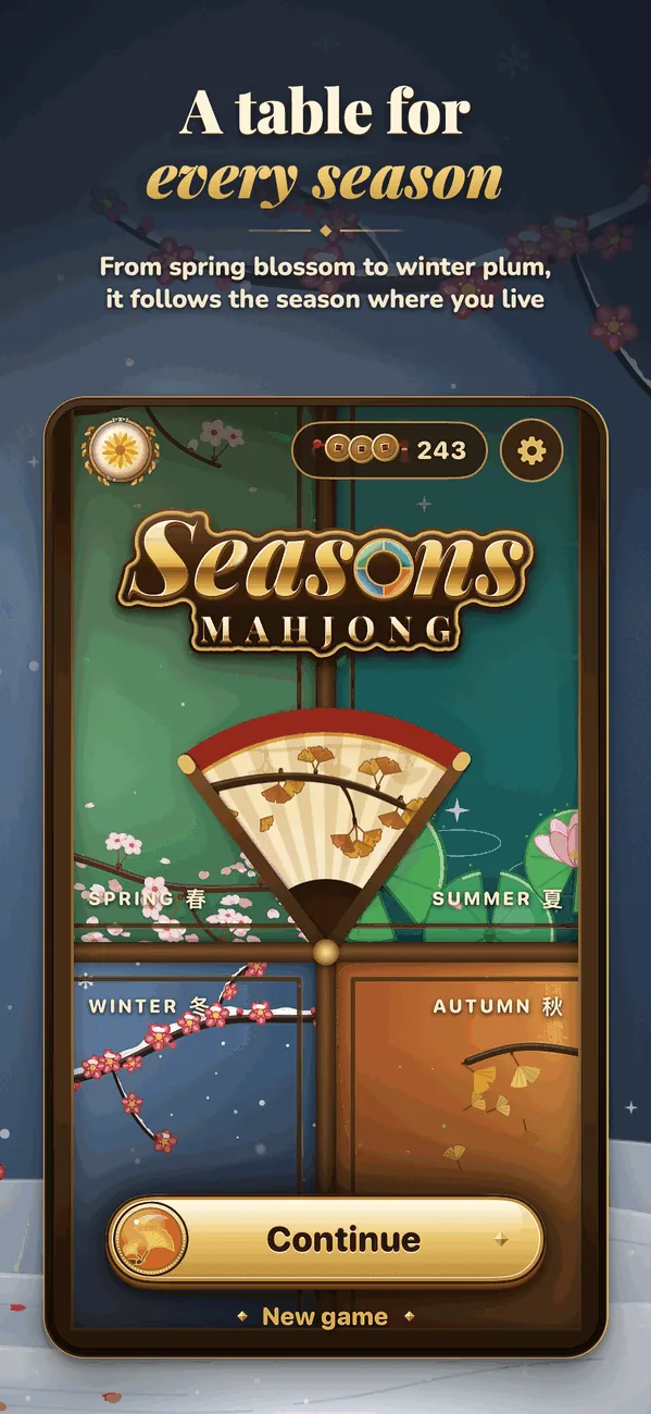 Seasons Mahjong: the home screen, a table split into spring, summer, autumn and winter