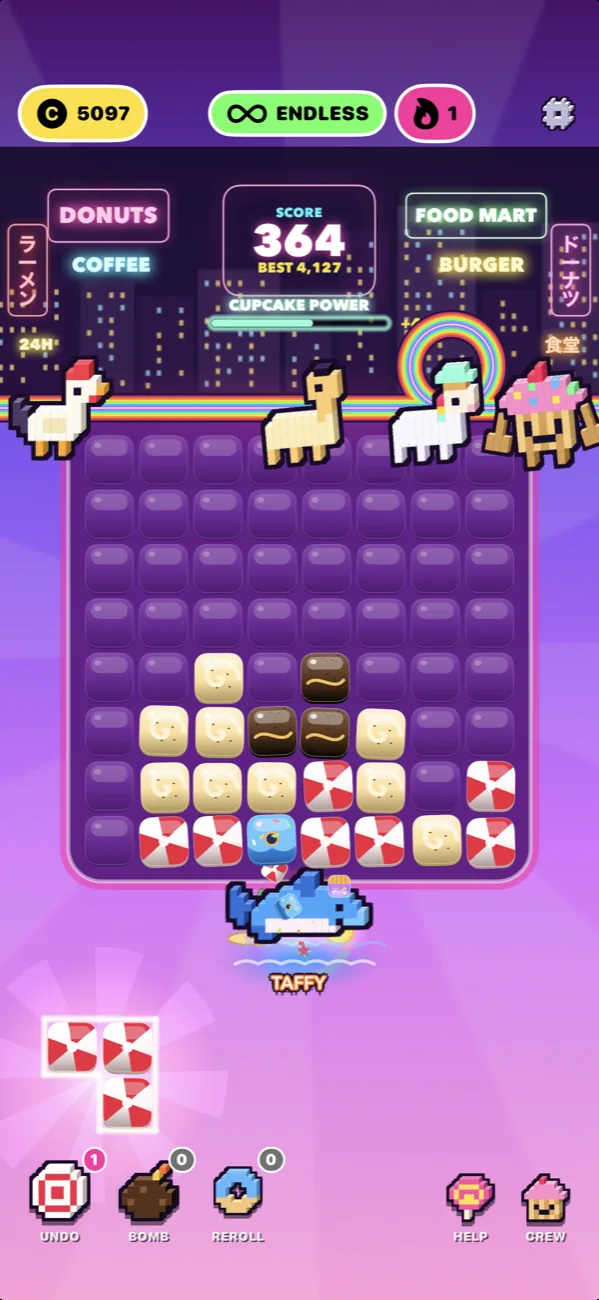 Sugar Block Works: an endless game in progress, with the crew above the board