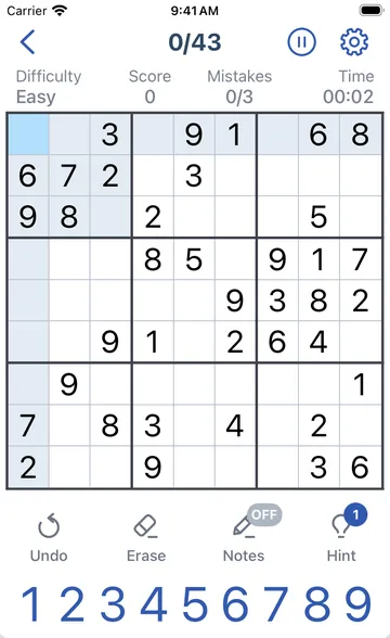Sudoku game screen: an Easy puzzle with big numbers, Undo, Erase, Notes and Hint buttons, and the numbers 1 to 9 below