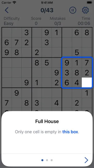A Sudoku hint: one box is outlined in blue, with the note that only one cell is empty in this box